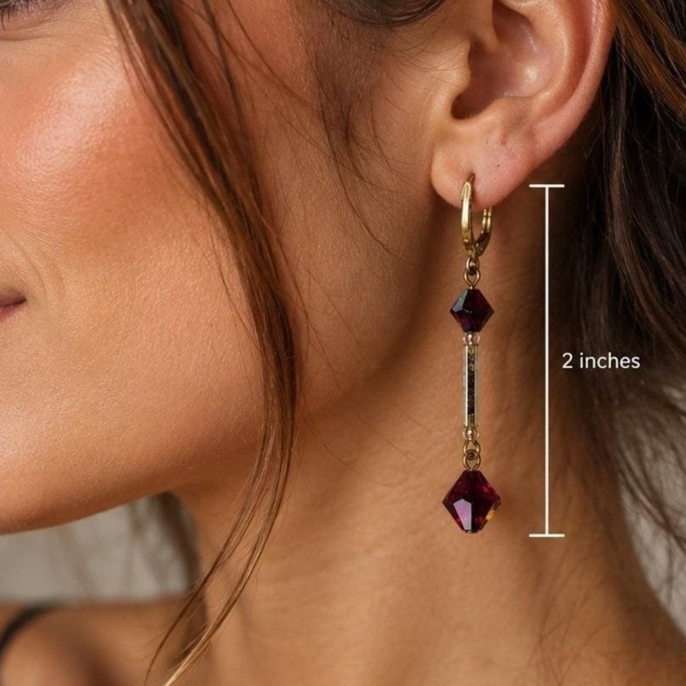 Vintage Burgundy Crystal Dangle Earrings Garnet Red Faceted Bead Earrings